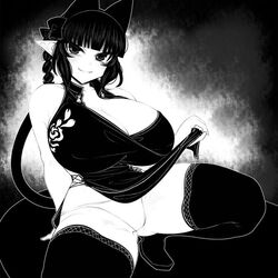 animal_ears big_breasts chinese_clothes dress_lift ginku_mh monochrome no_bra panties pointy_ears ribbon rin_kaenbyou smile squatting tail thighhighs touhou