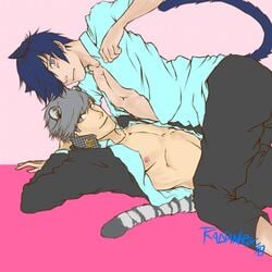 kemonomimi looking_at_viewer makoto_yuki male_only minato_arisato narukami_yu nekomimi open_shirt persona persona_3 persona_4 seta_souji shounen_ai straddling teasing zakulf