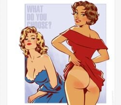 2girls andrew_tarusov ass big_breasts blonde_hair blue_dress bottomless breasts brown_hair curvy dat_ass multiple_girls no_panties red_dress thick_thighs