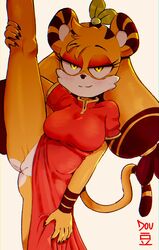 1girls anthro busty china_dress chinese_clothes dou_(diives) feline female female_focus female_only fur furry leg_lift leg_up no_panties peonymami pussy tiger vertical_splits xingzuo_temple yellow_eyes