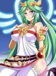 1girls bare_shoulders blush breasts cleavage curvy female_focus gladiator_sandals goddess green_eyes green_hair hair_ornament jewelry kid_icarus kid_icarus_uprising large_breasts long_hair looking_at_viewer matching_hair/eyes nintendo nishida_megane palutena sitting smile solo thighhighs very_long_hair white_legwear wide_hips