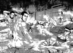 6+boys 6boys arm_support armpits arms_behind_head ass beard closed_mouth earrings facial_hair facial_scar golden_kamuy greyscale hat highres jewelry kiroranke leaning_back looking_at_viewer male male_only monochrome multiple_boys nude official_art ogata_hyakunosuke onsen peaked_cap satoru_noda scar scar_across_eye scar_on_cheek shiraishi_yoshitake short_hair smile standing sugimoto_saichi tanigaki_genjirou testicles very_short_hair