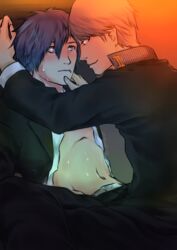 blue_hair blush clothed domination foreplay half-dressed holding_chin legs_apart makoto_yuki minato_arisato narukami_yu persona persona_3 persona_4 school_uniform seta_souji sweat yaoi zakulf