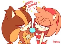 2girls amy_rose amy_rose_(boom) animated anthro blush breasts clothed clothing dialogue diives english_text female female_only fur furry furry_only short_playtime sonic_(series) sonic_boom sticks_the_badger sticks_the_jungle_badger sticks_the_tejon tail text