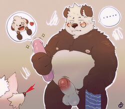 2019 anthro balls bearp_(artist) belly black_fur blush bodily_fluids canid canine canis dildo domestic_dog erection fur giant_panda group heart hi_res humanoid_hands humanoid_penis male male_only mammal moobs navel nipples overweight overweight_male pd04140298 penis sex_toy simple_background sweat towel ursid white_fur