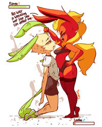 1boy 1girls anthro boobs bra burnt_clothes dialogue diives female femdom flareon fur furry game_freak gym_uniform leafeon male nintendo panties pokemon pokemon_(species) red_fur sweat text underwear