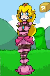 1girls blonde_hair blue_eyes bondage cleave_gag clothed clothing crown dress earrings female female_only full_body gag human jewelry long_hair mario_(series) nintendo outdoors pink_dress princess_peach rope solo standing super_mario_bros. waltodile