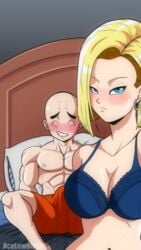 1boy 1girls acelewdarts alternate_version_available android_18 blonde_hair blue_eyes cleavage curvy dragon_ball erect_nipples female huge_areolae huge_breasts krillin kuririn puffy_nipples short_hair thick_lips voluptuous