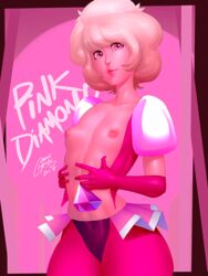 cosmichentai cowboy_shot diamond_authority elbow_gloves female gem_(species) looking_at_viewer open_clothes pink_diamond_(steven_universe) pink_eyes pink_lipstick pink_skin pinup small_breasts solo standing steven_universe