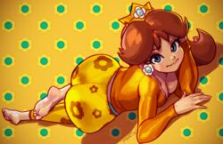 1girls ass barefoot big_ass bimbo biting_lip blue_eyes breasts brown_hair bubble_butt cleavage clothed clothing crown curvy cute detailed_background earrings feet female female_only flower full_body happy human lips looking_at_viewer mario_(series) medium_breasts negarobo nintendo on_stomach princess princess_daisy simple_background solo sweat_pants thick thick_thighs top wide_hips