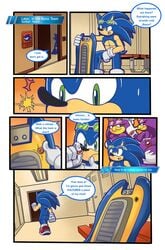 2016 close-up comic english_text escopeto explosive green_eyes hedgehog hoverboard locker_room muscular sega solo_focus sonic_(series) sonic_riders sonic_riding_dirty sonic_the_hedgehog speech_bubble superbunnygt swallow_(bird) text video_games wave_the_swallow