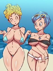 2girls beach bikini blonde_hair blue_eyes blue_hair bulma bulma_(dragon_ball) bulma_briefs closed_eyes daughter dragon_ball dragon_ball_super dragon_ball_super_broly gilf grandmother hourglass_figure huge_breasts micro_bikini milf mother mother_and_daughter multiple_girls necklace nipples_visible_through_clothing panchy panchy_(dragon_ball) panchy_briefs rickert_kai short_blue_hair short_hair shounen_jump sunglasses sunglasses_on_head thick_thighs