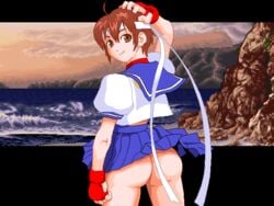 1girls ass back back_view black_background brown_eyes brown_hair capcom clothed cloud edit female female_focus female_only gauntlets hand_on_head headband letterboxed looking_at_viewer looking_back m.u.g.e.n outdoors pixel_art rocks sakura_kasugano school_uniform skirt skirt_up smile solo solo_focus street_fighter third-party_edit warnerc water waves