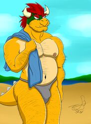 absurd_res anthro arm_hair beach beach_towel belly belly_scales body_hair bowser bulge chest_hair clothing facial_hair father hairy hi_res koopa leg_hair lil_slyorlando male male/male male_only mario_(series) nintendo parent reptile scales scalie seaside solo stomach_hair swimwear underwear video_games