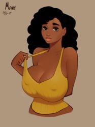 1girls bare_arms bare_shoulders black_hair breasts brown_eyes cleavage clothed dark-skinned_female dark_skin erect_nipples eyelashes female female_focus female_only huge_breasts long_hair mare_ten nipple_bulge pinup solo tagme tank_top thick_eyebrows thick_lips yellow