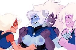 4girls agate_(gem) amethyst_(gem) amethyst_(steven_universe) barelynsfw_(artist) breasts breasts_out cartoon_network clenched_teeth grin holly_blue_agate jasper_(gem) mature_female restrained sketch skinny_jasper steven_universe undressing