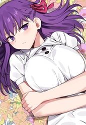 bangs blush breasts buttons dress fate/stay_night fate_(series) female flower hair_ornament hair_ribbon high_resolution large_breasts long_hair looking_at_viewer lying matou_sakura ndgd ndgd_(bean1215) on_back parted_lips pink_ribbon puffy_short_sleeves puffy_sleeves purple_eyes purple_hair ribbon short_sleeves solo very_high_resolution white_dress