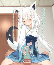 absurdres ahoge animal_ear_fluff animal_ears aqua_eyes bangs blush braid censored cloth_glansjob covered_penis cum cum_in_clothes cum_in_panties cum_through_clothes erection female fox_ears fox_girl fox_tail hair_between_eyes handjob highres hololive hololive_gamers hololive_gen_1 hololive_japan long_hair panties panties_on_penis panties_removed penis penis_in_panties shirakami_fubuki side_braid silver_hair single_braid solo_focus tail tomyoo translation_request underwear virtual_youtuber white_hair