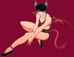 black_hair bra cleavage demon_girl demon_horns demon_tail heels lingerie original short_hair simple_background solo watatanza