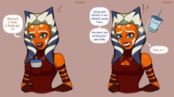 1boy 1girls 2019 ahsoka_tano anakin_skywalker armlet arms_behind_back armwear awkward_smile blue_eyes breasts bubble_tea_challenge busty cleavage cleavage_cutout clone_wars clothed clothed_female clothing dialogue disappointed english_text erect_nipples facial_markings female female_focus female_only fully_clothed gloves happy humor jedi jedi_padawan levitation lucasfilm magic magic_user markings medium_breasts meme movement_lines nipple_bulge nipples offscreen_character offscreen_male open_mouth orange_body orange_skin red_clothing revealing_clothes signature simple_background smile solo_focus speech_bubble star_wars teeth teeth_clenched text the_clone_wars:_season_four the_clone_wars:_season_three the_force thought_bubble togruta upsydedowne