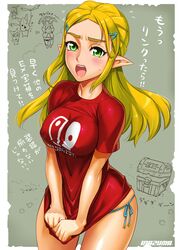 1girls alternate_breast_size bare_legs blonde_hair blushing bottomless breath_of_the_wild covering_crotch curvaceous curvy cute demigoddess detailed_background embarrassed ex_treasure_chest father_and_daughter female female_only gasp green_eyes hair hourglass_figure hylian inazuma korok large_breasts lips nintendo nintendo_switch no_pants old_man_(breath_of_the_wild) open_mouth panties paraglider princess_zelda pulling_down pulling_shirt red_shirt rhoam_bosphoramus_hyrule solo sweat t-shirt the_legend_of_zelda thick thigh_gap treasure_chest zelda_(breath_of_the_wild)