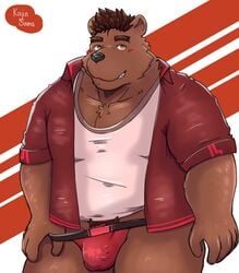 2019 absurd_res anthro black_nose blush brown_fur bulge clothing fur hi_res humanoid_hands kajin-sama male male_only mammal overweight overweight_male penis pubes shirt solo topwear underwear ursid