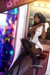 1girls black_hair dark-skinned_female dark_skin female female_only hi_res human looking_at_viewer mycrys sitting sitting_on_chair smiling smiling_at_viewer solo stockings tagme