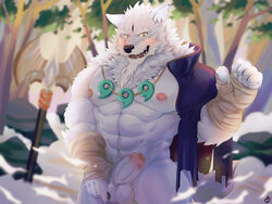 4:3 5_fingers abs anthro balls bearp_(artist) biceps biped black_nose blush canid canine canis detailed_background fingers fur grey_fur handwraps hi_res humanoid_hands law_(sdorica_sunset) mace magatama male male_only mammal masturbation melee_weapon muscular muscular_male nude open_mouth pecs penis sdorica sdorica_sunset signature tongue tree weapon wolf yellow_eyes