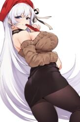 1girls aran_sweater ass azur_lane bangs belfast_(azur_lane) belfast_(shopping_with_the_head_maid)_(azur_lane) beret black_skirt blush breasts brown_legwear brown_sweater choker closed_mouth earring earrings female hat high_resolution hoop_earrings jewelry large_breasts long_hair long_sleeves looking_at_viewer ndgd ndgd_(bean1215) off-shoulder_sweater off_shoulder pantyhose pencil_skirt pixiv_id_5624416 red_headwear silver_hair simple_background skirt smile solo solo_female sweater swept_bangs thighs white_background