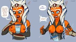 1boy 1girls 2019 ahsoka_tano alien alien_girl armwear awkward_situation background blue_background blue_eyes blush breasts breasts_out bubble_tea_challenge busty caught caught_in_the_act cleavage clothed_female disney english_text erect_nipples eyelashes ezra_bridger facial_markings female female_focus female_only fingerless_gloves front_view headband headgear horn humor magic magic_user medium_breasts meme nipples off_shoulder offscreen_character offscreen_male orange_body orange_skin shocked simple_background solo solo_focus speech_bubble star_wars star_wars_rebels teeth teeth_clenched text the_force togruta upper_body upsydedowne