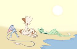 2016 anthro beach blue_fur breasts closed_eyes color_edit colored david_lillie domestic_cat dreamkeepers edit felid feline felis female fur green_fur green_hair hair lilith_calah long_tail mace_(dreamkeepers) male mammal nipples nude nude_edit outside seaside sun tan_fur water whip_(dreamkeepers)