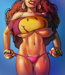 1girls big_breasts big_lips blue_background body_bags bracelet breasts brown_hair busty clothed collarbone color colored cowboy_shot crop_top dark-skinned_female dark_skin earrings female female_only front_view gold gold_jewelry hoop_earrings huge_breasts jewelry long_hair nail_polish navel no_bra off_shoulder panda_delgado panties panty_tug ph pink_panties pink_thong playful pulling_panties simple_background skimpy smile solo standing thick_thighs thigh_gap thong toned tongue tongue_out underboob very_long_hair wide_hips