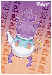 1girls abs anthro anthrofied areolae barefoot belly big_breasts big_nipples blush breasts double_v duskyer eye_contact feet ghost huge_breasts large_breasts looking_at_viewer navel nintendo nipples orange_background orange_eyes pokemon pokemon_ss polteageist pose pot purple_hair purple_skin short_hair smile standing teapot text thick_thighs topless v watermark white_border wide_hips yellow_eyes