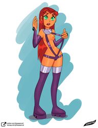 1girls alien alien_girl boots breasts dc female female_only green_eyes hair humanoid humanoid_hands long_hair medium_breasts navel orange_skin platform_boots red_hair redhead sling_bikini solo starfire tagme tamaranean teen_titans thepapercat thick_thighs wide_hips