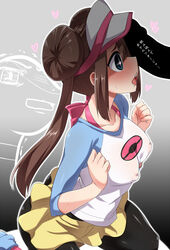 1boy 1girls ambiguous_gender ass black_legwear blue_eyes blush bow breasts brown_hair censored clothed clothed_female_nude_male covered_nipples double_bun erection feral from_side gradient gradient_background hands_up hat heart heart-shaped_pupils highres human hypnosis hypnotized kneeling long_hair mind_break mind_control nintendo no_bra nude open_mouth pantyhose penis_awe penis_on_face pink_bow pokemon pokemon_(species) pokemon_bw pokemon_bw2 profile raglan_sleeves rosa_(pokemon) saliva shirt shoes short_shorts shorts side_view sidelocks skirt snake snivy solo_focus submissive_pose sweat symbol-shaped_pupils translated twintails very_long_hair visor_cap yellow_shorts yoshi_tama