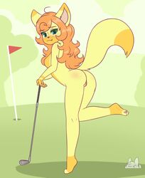 :3 absurd_res anthro ass blue_eyes breasts bunnybits cute_fangs felid feline female fur golf green_eyes hair hi_res mammal nude orange_hair outside public_nudity pussy raised_leg solo yellow_fur