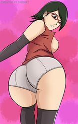 1girls ass big_ass black_eyes black_hair boruto:_naruto_next_generations criquet female female_only glasses looking_down naruto nipple sarada_uchiha short_hair shorts solo teenager white_skin