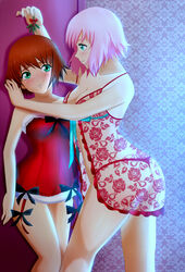 2girls against_wall alternate_costume aqua_eyes ass bare_arms bare_legs bare_shoulders blush breasts brown_hair christmas cleavage collarbone couple dress estellise_sidos_heurassein eye_contact female female_only fur_trim green_eyes human human_only iharuluna iharuluna_(artist) indoors legs looking_at_another medium_breasts multiple_females multiple_girls neck parted_lips pink_hair red_dress rita_mordio romantic see-through short_dress short_hair small_breasts smile standing strapless strapless_dress tales_of_(series) tales_of_vesperia tube_dress yuri