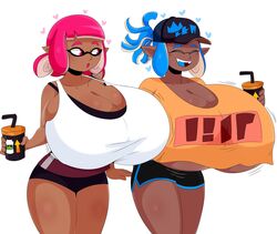 2girls anthro big_breasts blue_hair breast_expansion breasts cephalopod cephalopod_humanoid closed_eyes clothing dark-skinned_female dark_skin female female_only hair highres huge_breasts humanoid hyper hyper_breasts inkling inkling_girl jinu large_breasts mask_(marking) multiple_girls nintendo pink_eyes pink_hair pointy_ears shirt shorts splatoon squid surume_(splatoon) tentacle tentacle_hair thighs underboob video_games