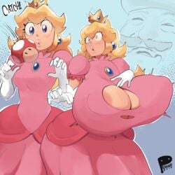 1girls 2019 ahe_gao blonde_hair blue_background blue_eyes blush breast_expansion breast_growth breasts bursting_breasts cleavage clothed crown dress earrings female female_focus gloves huge_breasts hyper_breasts laughing long_hair mario mario_(series) moaning mushroom naughty_face nintendo peculiart prank princess_peach seductive small_breasts super_mario_bros. super_mushroom surprised text thick_thighs torn_clothes wardrobe_malfunction watermark wide_hips