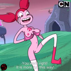 belly belly_button boots breasts cartoon_network gloves happy medium_breasts nipples nude pink_eyes pink_hair pink_nipples pink_skin ponytail pussy spinel's_injector spinel_(steven_universe) standing steven_universe steven_universe:_the_movie stockings tagme theeshrimp twitter_username uncensored watermark