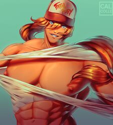 abs blonde_hair blue_eyes calcolle cap fatal_fury king_of_fighters long_hair male male_only muscles muscular muscular_male nipples pecs ponytail snk teeth terry_bogard torn_clothes