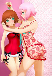 2girls against_wall alternate_costume aqua_eyes ass bare_arms bare_legs bare_shoulders blush breasts brown_hair christmas cleavage collarbone couple dress estellise_sidos_heurassein eye_contact female female_only fur_trim green_eyes human human_only iharuluna iharuluna_(artist) indoors legs looking_at_another medium_breasts mistletoe multiple_females multiple_girls neck parted_lips pink_hair red_dress rita_mordio romantic see-through short_dress short_hair small_breasts smile standing strapless strapless_dress tales_of_(series) tales_of_vesperia tube_dress yuri