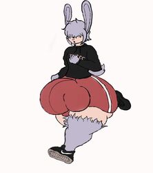 animal_humanoid anthro balls_outline bulge clothing footwear grey_hair hair hair_over_eyes hoodie humanoid hyper hyper_balls hyper_penis lagomorph lagomorph_humanoid male_only mammal mammal_humanoid nike open_mouth penis_outline phusion phusionzero running shoes solo thick_thighs topwear wide_hips