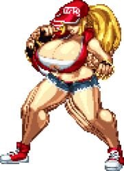 1girls 2d animated animated_gif bimbo blonde_hair bouncing_breasts breasts canon_genderswap cleavage fatal_fury female_terry genderswap_(mtf) hourglass_figure huge_breasts light-skinned_female pixel_animation pixel_art rule_63 snk snk_heroines:_tag_team_frenzy solo terry_bogard transparent_background unbuttoned_shorts unnoticeableperson unseen_female_face voluptuous