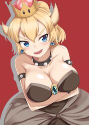 1girls armlet arms_crossed bare_shoulders big_breasts black_dress blonde_hair blue_eyes blush bowsette breasts cleavage collar crown dress earrings fangs female female_only genderswap horns large_breasts mario_(series) new_super_mario_bros._u_deluxe nintendo open_mouth qwyte solo spiked_armlet spiked_collar spikes