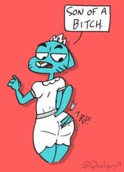 annoyed ass big_ass crossdressing crown femboy gay gumball_watterson gumballoopseggwobbleunderpants_(tawog) ripped_clothing the_amazing_world_of_gumball tiara wardrobe_malfunction wedding_dress white_dress