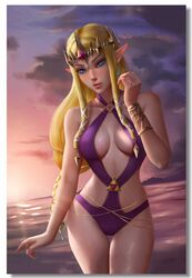 beach big_breasts bikini blonde_hair blue_hair blush breasts cleavage curvaceous curvy detailed_background earrings female hips hyrule_warriors jewelry logan_cure looking_back nintendo princess_zelda purple sling_bikini the_legend_of_zelda thick water wide_hips zelda_(hyrule_warriors)