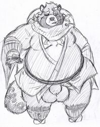 2019 anthro balls belly big_balls canid canine clothing flaccid gyobu hat headgear headwear hi_res humanoid_hands humanoid_penis lacimehc leaf male male_only mammal moobs overweight overweight_male penis raccoon_dog robe scar simple_background solo tanuki tokyo_afterschool_summoners video_games