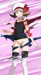 black_shirt bow breasts brown_eyes brown_hair censored collarbone female hat hat_bow hat_ribbon highres holding holding_poke_ball long_hair looking_at_viewer low_twintails lyra_(pokemon) open_mouth panties poke_ball pokemon pokemon_(game) pokemon_hgss purple_background pussy red_bow red_ribbon ribbon scared shiny shiny_hair shirt sleeveless sleeveless_shirt small_breasts solo standing sweatdrop tearing_up thighhighs torn_clothes torn_legwear tsukishiro_saika twintails underwear white_headwear white_legwear white_panties